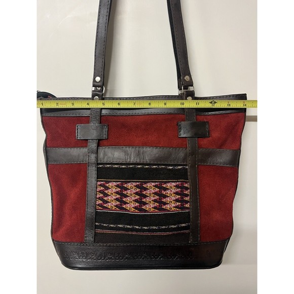Boho Country Leather And Suede Shoulder Bag Red Brown Purse with Tapestry insert - Picture 12 of 13